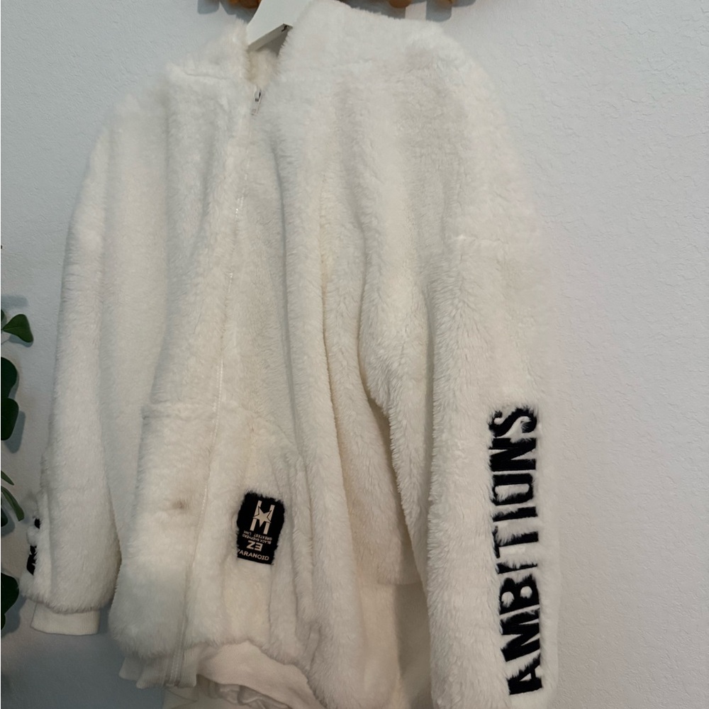 White Faux Fur Jacket with Black Lettering